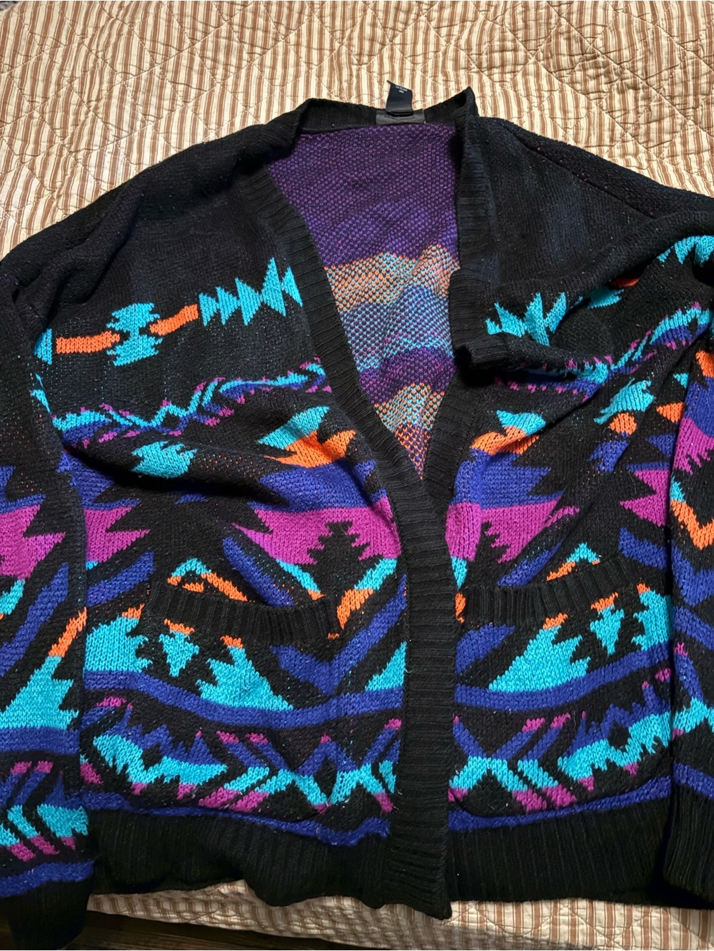 Wrangler Black Cardigan with Turquoise, Purple & Orange Aztec Pattern